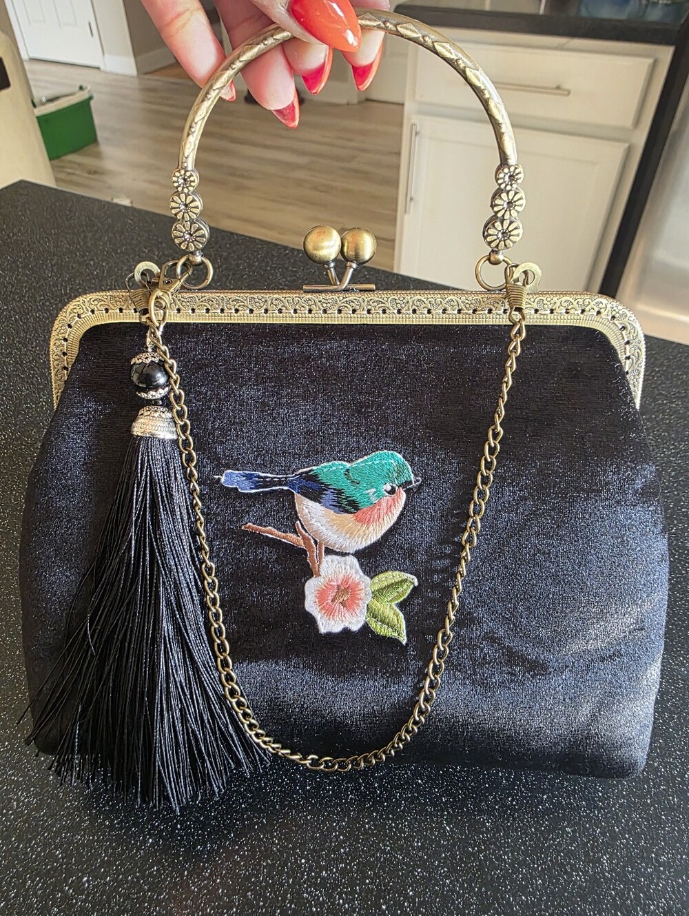 Black Velour Kiss Lock Evening Bag Embroidered Bird Flower Motif 9x7.5 - Picture 2 of 9